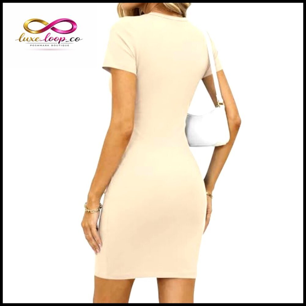 Short Sleeve Crewneck Bodycon Ruched Mini Dress Slim Fit T-Shirt Style - Picture 3 of 6